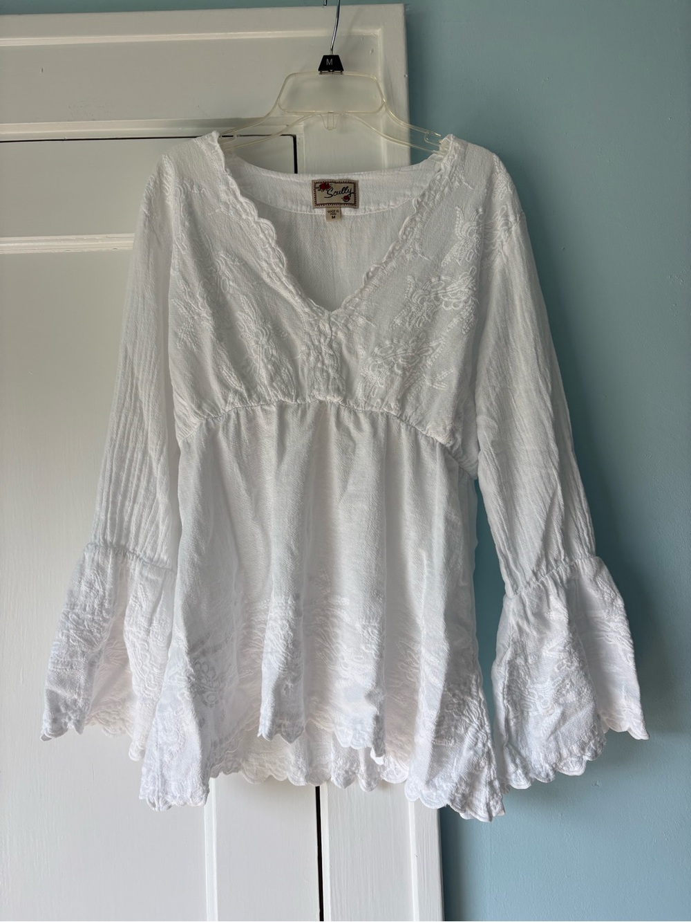 Scully Cantina White Peruvian Cotton Embroidered Boho Bell Sleeve Peasant Blouse